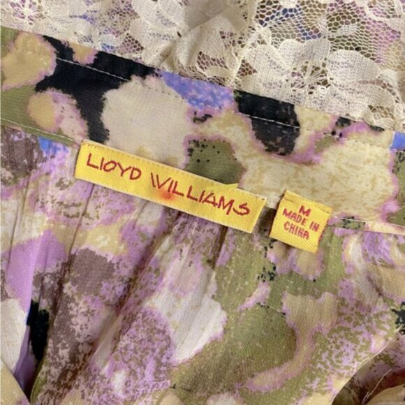 Lloyd Williams Yellow Purple Semi Sheer Abstract Print Button Up Mock Neck Top M - Picture 3 of 14